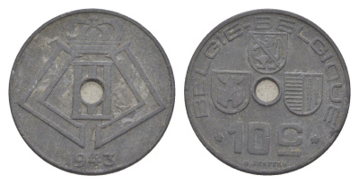 Бельгия 10 сантимов 1943 Belgie - Belgique, Леопольд III (1934-1947), германская оккупация, Вторая мировая война KM 126 цинк 4639-117
