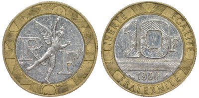 Франция 10 франков 1991 тип Гений Бастилии KM 964.1, Le Frank 375.6 биметалл 45-822