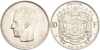 БЕЛЬГИЯ 10 ФРАНКОВ 1971 BELGIE, БОДУЭН I (1951-1993) KM 156.1 никель 4556-651