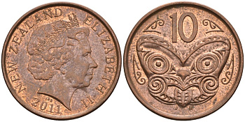 Новая Зеландия 10 центов 2011 маска Маори, Елизавета II (1952-) KM 117а сталь плакированная медью 41-1122