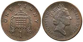 Великобритания 1 пенни 1989 Елизавета II (1952-2022) KM 935, Spink 4381 (B3) бронза 87-644