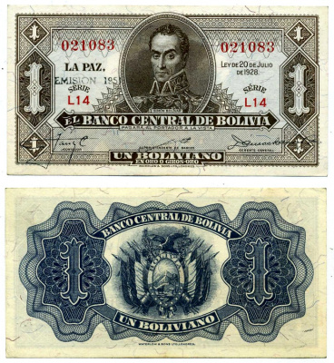 Боливия 1 боливиано 1928 (1951-1952) серия l 14, Симон Боливар, надпечатка EMISION 1951 Pick 128b бумага aUNC 8616-50-2-2