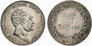 Бавария 1/2 талера 1808-37 'Награда за усердие', нормальный шрифт KM 705, AKS 64, Jg. 19, Witt. 2469 серебро 00-000-00