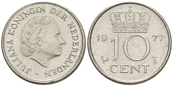 НИДЕРЛАНДЫ 10 ЦЕНТОВ 1977 ЮЛИАНА (1948-1980) KM 182 никель 211-1226