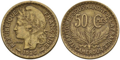 Камерун 50 сантимов 1926 (a), мондвор Париж KM 1 алюминиевая бронза 4169-1167