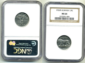 Албания 1/4 лека 1926 Зог I, слаб NGC MS 64 KM 3 никель UNC 00-000-00