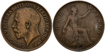 Великобритания 1 пенни 1920 Георг V (1910-1936) KM 810, Spink 4051 бронза 4599-241