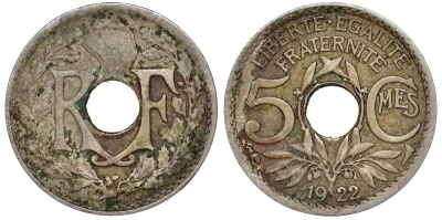 Франция 5 сантимов 1922 тип Линдайё KM 875 медно-никель 51-2326