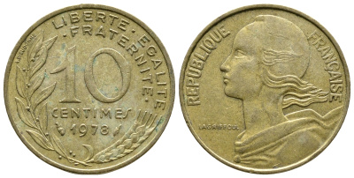 Франция 10 сантимов 1978 тип Марианна KM 929 медь алюминий никель 3461-223