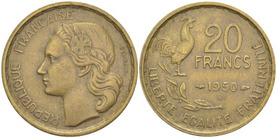 Франция 20 франков 1950 В, петух, 4 ПЕРА KM 917.2, Le Frank 402.4 алюминиевая бронза 4519-544