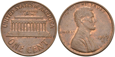 США 1 цент 1969 D, Линкольн KM 201 медь цинк 4115-849