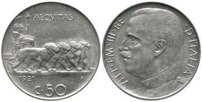 ИТАЛИЯ 50 ЧЕНТЕЗИМО 1921 R, ГЛАДКИЙ ГУРТ, МАГНИТНАЯ KM 61.1 никель 34-1233