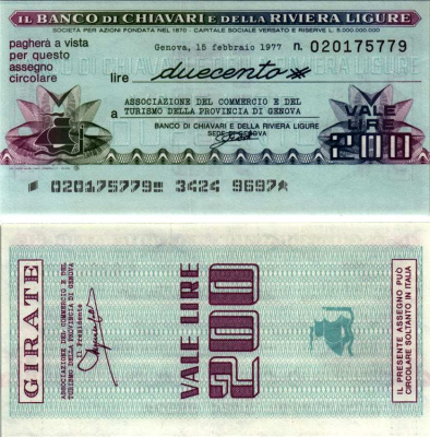 Италия 200 лир 1977 15 февраля 1977 IL Banco Di chiavari e DelLa Riviera Ligure бумага UNC (пресс) 7222-14-1-2