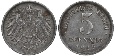 ГЕРМАНИЯ 5 ПФЕННИГОВ 1919 E KM 19, J. 297 железо 45-1139