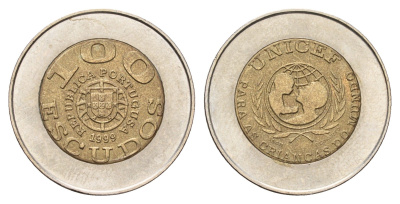 Португалия 100 эскудо 1999 ЮНИСЕФ, PORTUGUSA KM 722.2 биметалл UNC 4678-836