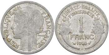 ФРАНЦИЯ 1 ФРАНК 1948 B, ТИП MORLON KM 885а.2, LE FRANC 221.14 алюминий 212-916