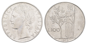 Италия 100 лир 1975 R, Афина в доспехах KM 96.1 нержавеющая сталь 4556-236