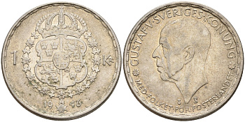 Швеция 1 крона 1946 TS, Густав V (1907-1950) KM 814 серебро 4148-1036