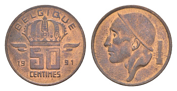 Бельгия 50 сантимов 1991 Belgique, Бодуэн I (1951-1993) KM 148 бронза 4169-1237