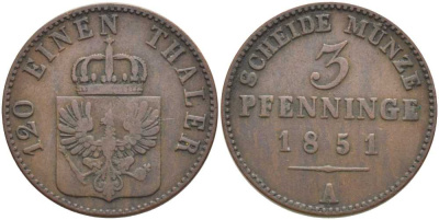 ПРУССИЯ 3 ПФЕННИГА 1851 А, ФРИДРИХ ВИЛЬГЕЛЬМ (1840-1861) KM 453 медь 117-155
