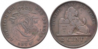 БЕЛЬГИЯ 2 САНТИМА 1874 BELGES KM 35.1 медь 4448-614