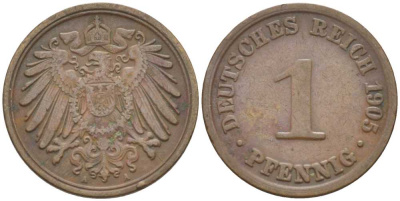 ГЕРМАНИЯ 1 ПФЕННИГ 1905 A KM 10, J. 10, Weege 2 медь 211-328
