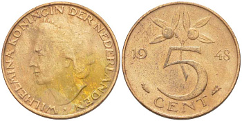 НИДЕРЛАНДЫ 5 ЦЕНТОВ 1948 ВИЛЬГЕЛЬМИНА (1890-1948) KM 176 бронза 212-1016