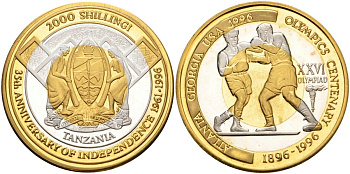 Танзания 2000 шиллингов 1996 XXVI Олимпийские игры 1996 года в Атланте, 100 лет Олимпейскому движению, бокс, пробник, гладкий гурт триметалл PROOF 04-323-13
