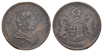 Великобритания, Бристоль, Сомерсет 1 пенни 1811 Георг III (1760-1820), гурт шнур влево, токен Withers 415 медь 3711-433