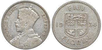 Фиджи 1 флорин 1934 Георг V (1910-1936), герб Фиджи KM 5 серебро 91-1225
