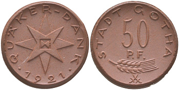 Гота 50 пфеннигов 1921 Men05 9371.5 фарфор UNC 1085-5-44