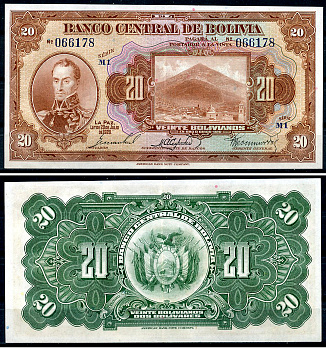 Боливия 20 боливиано 1928 Симон Боливар, Потоси, серия M1 Pick 122 a (7)  бумага  aUNC 444-2-2-2