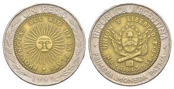 Аргентина 1 песо 1995 A, майское солнце, 8 эскудо 1813 KM 112.1; CJ 6.2.1, Schon?113 биметалл 4629-653