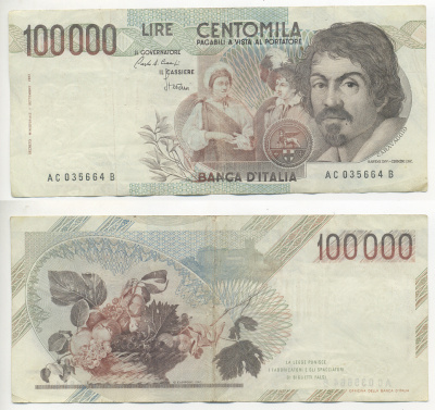 Италия 100000 лир 1983 Караваджо, фруктовый букет, подпись Speziali Pick 110b бумага 7220-26-2