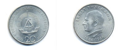 ГДР 20 марок 1971 A, 85 лет со дня рождения Эрнста Тельмана KM 34, J. 1535 медно-никель 3333-643