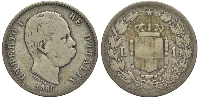 Италия 1 лира 1886 Умберто I (1878-1900) KM 24.1 серебро 27-1157