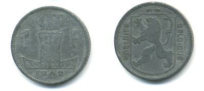 БЕЛЬГИЯ 1 ФРАНК 1942 BELGIE-BELGIQUE, ГЕРМАНСКАЯ ОККУПАЦИЯ, ВТОРАЯ МИРОВАЯ ВОЙНА KM 128 цинк 86-1321