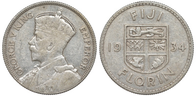 Фиджи 1 флорин 1934 Георг V (1910-1936), герб Фиджи KM 5 серебро 91-1225