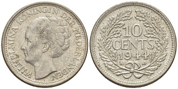 Нидерланды 10 центов 1944 Вильгельмина (1890-1948) KM 163 серебро aUNC 66-1264