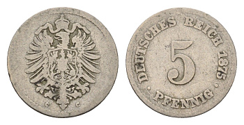 Германия 5 пфеннигов 1875 G, Вильгельм I (1871-1888) KM 3, J. 3 медно-никель 4632-617