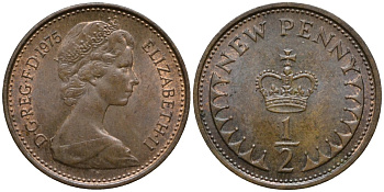 Великобритания 1/2 пенни 1975 Елизавета II (1952-2022) KM 914, Spink 4239 бронза 4567-335