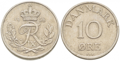 ДАНИЯ 10 ЭРЕ 1956 C; S, ФРЕДЕРИК IX (1947-1972) КМ 841.2 медно-никель 3996-1051