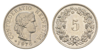 Швейцария 5 раппенов 1976 KM 26 медно-никель UNC 4611-1069