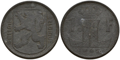 Бельгия 1 франк 1942 Belgie - Belgique KM 128 цинк 4187-946