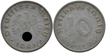 ГЕРМАНИЯ 10 РЕЙХСПФЕННИГОВ 1941 F KM 101, J. 371 цинк 4401-744