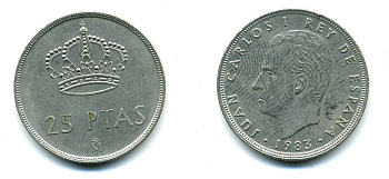 Испания 25 песет 1983 Хуан Карлос I (1975-2014) KM 824 медно-никель 51-5152