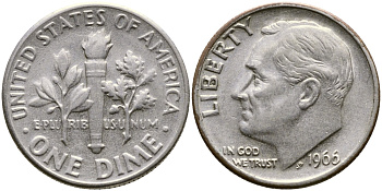 США 10 ЦЕНТОВ = 1 ДАЙМ 1966 РУЗВЕЛЬТ KM 195а медь плакированная медно-никелем 84-349