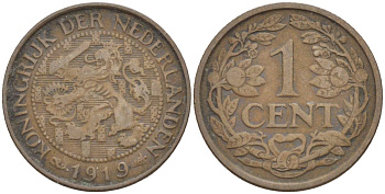НИДЕРЛАНДЫ 1 ЦЕНТ 1919 ВИЛЬГЕЛЬМИНА I (1891-1948) KM 152 бронза 4547-868