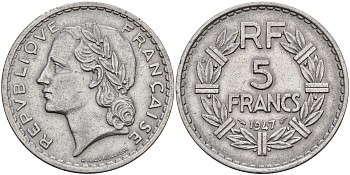 Франция 5 франков 1947 OPEN 9 KM 888b.1 алюминий    4149-445