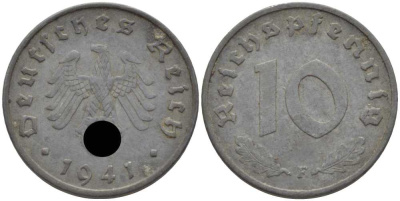 ГЕРМАНИЯ 10 РЕЙХСПФЕННИГОВ 1941 F KM 101, J. 371 цинк 4401-744